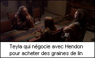 Teyla qui ngocie avec Hendon pour acheter des graines de lin